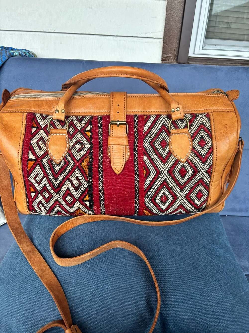 Handmade Moroccan Kilim Leather Duffle Travel Weekender Bag